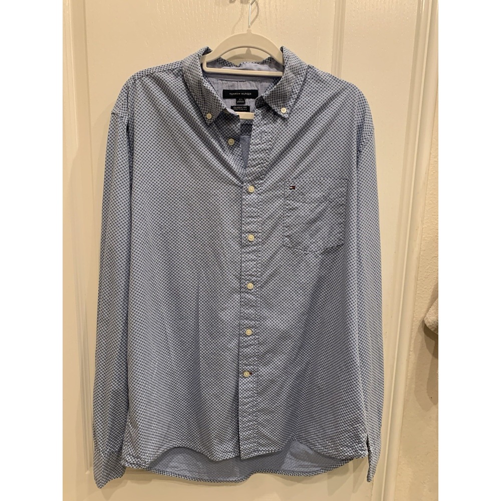 Tommy Hilfiger Mens Blue Lg Micro Dots Long Sleeve Button Up Dress Shirt
